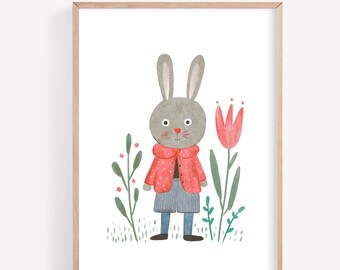 Rabbit Illustration Print, Rabbit Nursery Art, Printable Kids Art, Animal Nursery Print, Printable Nursery Wall Art, Kids Room Decor