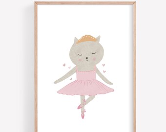 Cat Ballerina Poster, Ballerina Nursery Art, Printable Kids Art, Printable Wall Art, Kids Room Decor, Kids Poster, Nursery Poster for Girl