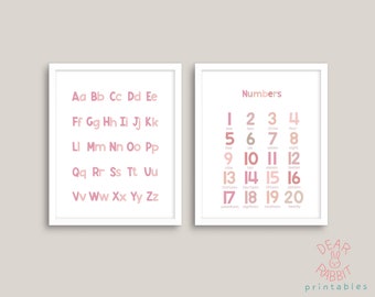 May include: Two printable posters with a pink and white color scheme. The first poster features the alphabet in pink letters with a white background. The second poster features the numbers 1-20 in pink and white with the corresponding number words below each number.