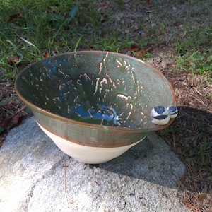 Handmade Ceramic Serving Bowl – Two Chickadees on Rim, Green Glaze Pottery