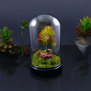 May include: A glass dome terrarium containing a red and green plant, a red lizard, and green moss. The terrarium sits on a black base.
