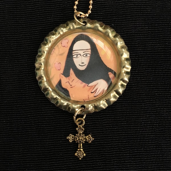 St. Gertrude Pendant Necklace with Cross in Goldtone