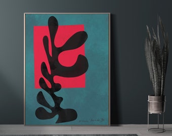 Original Matisse Print, Dark Pink, Dark Blue Matisse Wall Art, abstract colorful wall art, mid century, watercolor minimalist, aesthetic