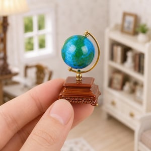 May include: Miniature globe with a blue and green world map, mounted on a brown wooden base with gold-colored accents. The globe is held in a hand, showcasing its small size and intricate details. The globe is a decorative item.