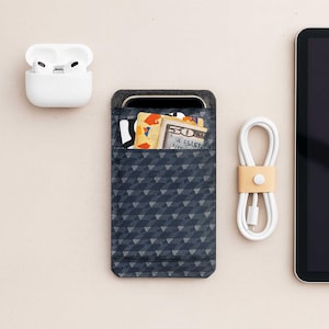 May include: A navy blue phone wallet with a geometric pattern, holding a smartphone, cash, and cards. A white charging cable with a leather strap and a pair of white wireless earbuds are also visible.