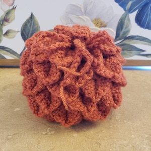 May include: A close-up of a crocheted orange-brown ball. The ball is made of a textured yarn and has a slightly bumpy surface.