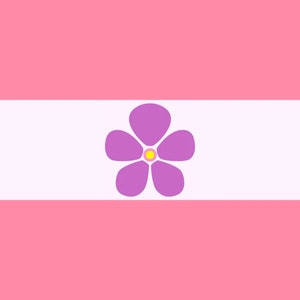 May include: A horizontal tri-color flag with a pink, white, and pink design. A purple flower with a yellow center is in the middle of the white stripe.
