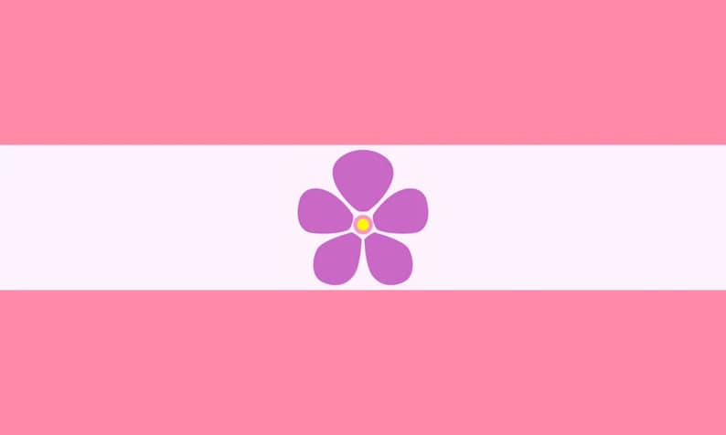 May include: A horizontal tri-color flag with a pink, white, and pink design. A purple flower with a yellow center is in the middle of the white stripe.