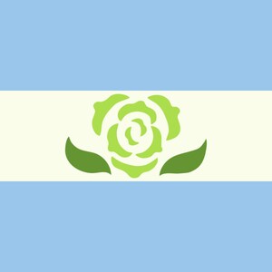 May include: A light blue flag with a white stripe in the center. A green stylized rose with leaves is centered on the white stripe.