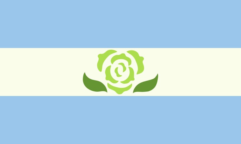 May include: A light blue flag with a white stripe in the center. A green stylized rose with leaves is centered on the white stripe.
