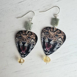 Leopard Guitar Pick Earrings with Citrine & Chrysoberyl - Wearable Art - Gift For Her - Gold and Grey - Nature-Themed