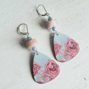 Rose Guitar Pick Earrings with Aquamarine and Kunzite - Wearable Art - Gift For Her - Mother&#39;s Day - Sterling Silver - Pink and Blue
