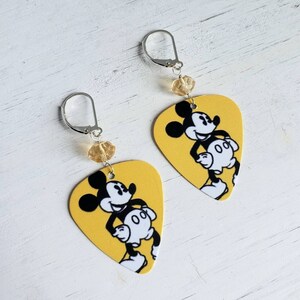 Classic Mickey Mouse Guitar Pick Earrings with Citrine - Wearable Art - Cartoon Character - Gift For Her - Valentine's Day