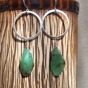 Chrysoprase Nugget Hoops Long Dangle Sterling Silver Earrings - Gift For Her - Green & Silver - Mother&#39;s Day - Elegant Statement