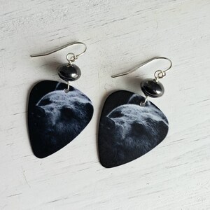 Bear Guitar Pick Earrings with Hematite - Gift For Her - Black & White - Mother&#39;s Day - Nature Themed - Animals