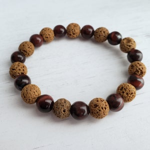 Red Tiger&#39;s-Eye & Lava Stretch Bracelet - Gift For Her - Gift For Him - Essential Oil Diffuser - Aromatherapy