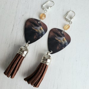 Eagle Eye Guitar Pick Earrings with Citrine & Tassel Dangle - Wearable Art - Gift For Her - Brown and Yellow - Nature-Themed