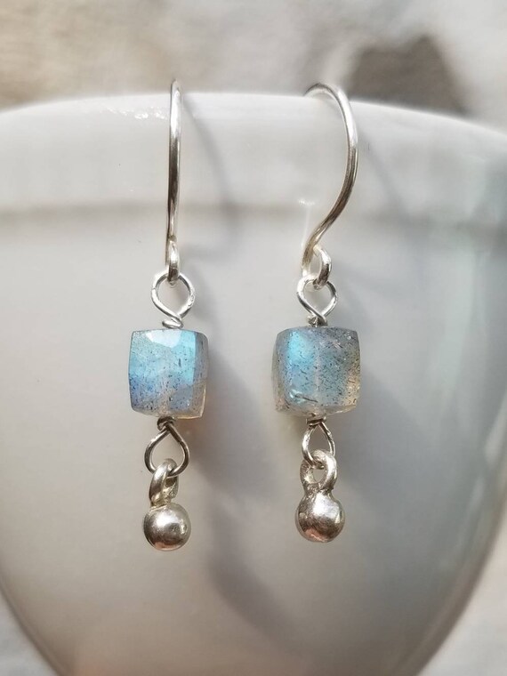 Sterling Silver Labradorite Dangle Earrings with Wire Wrap Sterling Silver Labradorite Dangle Earrings with Wire Wrap