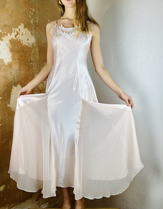 70's Slip Dress Mesh Silky Pink Maxi