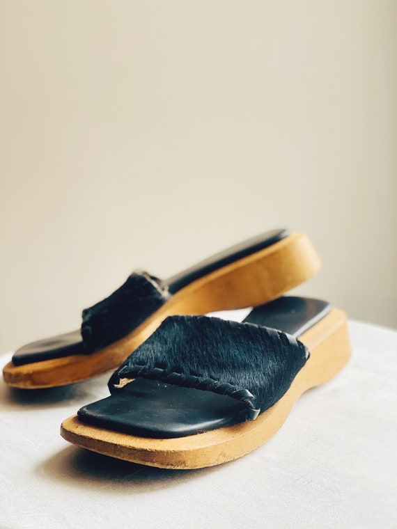 90’s Squareshaped Wooden Cow-fur Mules