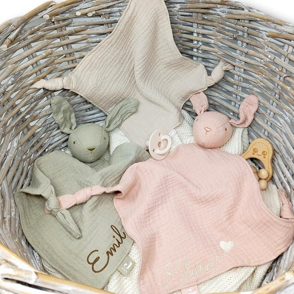 Schmusetuch Musselin bestickt mit Namen / Kuscheltuch Hase mit Name / Geschenk zur Geburt / Babygeschenk / Musselintuch Baby