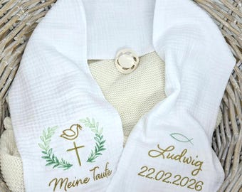 Mantón de bautizo de muselina bordado con nombre / Estola de bautizo bordada / Accesorios de bautizo / Regalo para padrinos de bautizo / Fajín de bautizo