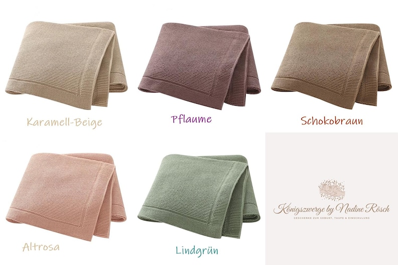 May include: Five folded knit blankets in caramel-beige, plum, chocolate brown, dusty rose, and lime green. Each blanket features a textured knit pattern with a wide, smooth border. The logo for Konigszwerge by Nadine Rosch is visible.