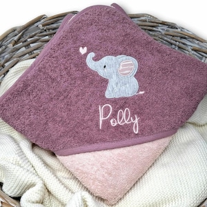 Kapuzenhandtuch Mädchen Mauve mit Elefant bestickt
