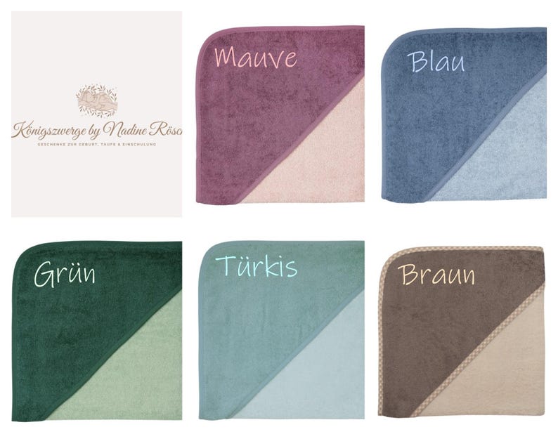May include: A selection of hooded baby towels in various colors, including mauve, blue, green, turquoise, and brown. Each towel features a contrasting light-colored section and is labeled with its color name. The towels are from the brand "K&ouml;nigszwerge by Nadine R&ouml;so."