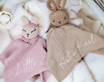 Schmusetuch Musselin bestickt mit Namen / Kuscheltuch Hase mit Name / Geschenk zur Geburt / Babygeschenk Babyparty / Musselintuch Baby