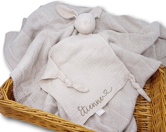 Schmusetuch Musselin bestickt mit Namen / Kuscheltuch Hase mit Name / Geschenk zur Geburt / Babygeschenk / Musselintuch Baby