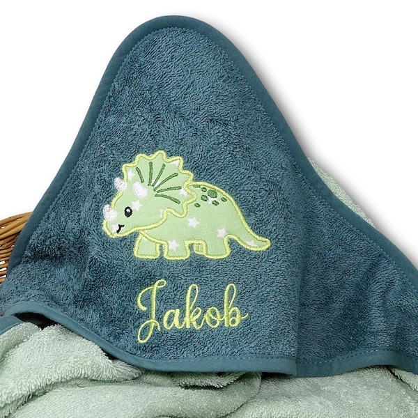 Geschenk zur Geburt / Kapuzenhandtuch mit Namen bestickt / Kapuzenhandtuch Baby Dinosaurier