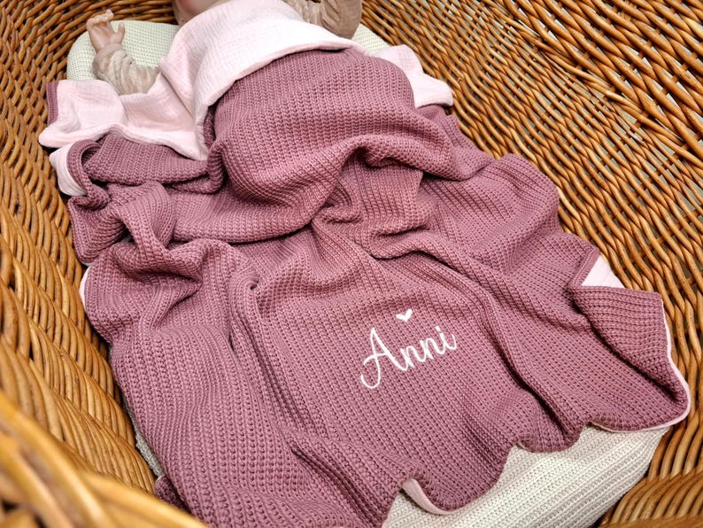 Manta de bebé de muselina / tejida con nombre bordado / manta de bebé tejida / manta de bebé personalizada con nombre / regalo de bebé / regalo de bautizo Mauve / Nude-Rosa