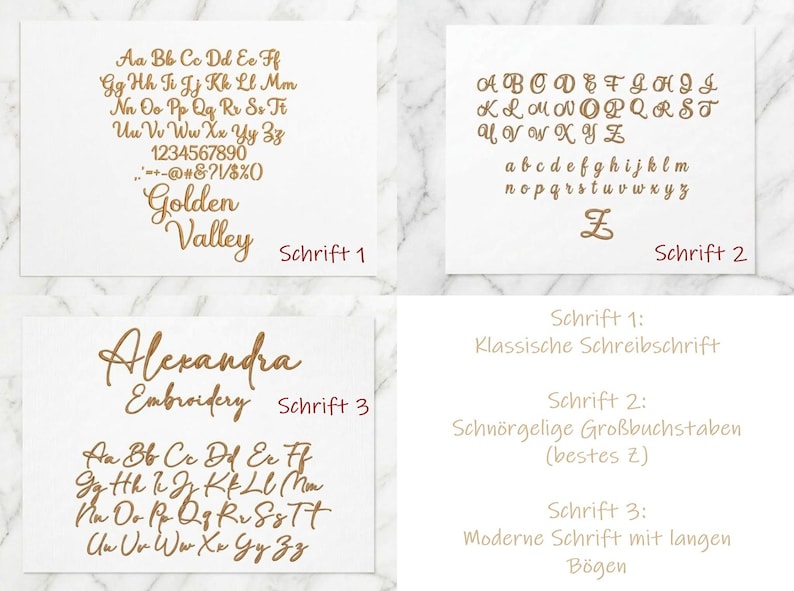 May include: A display of three distinct font styles in gold lettering on a white background. Schrift 1 shows an alphabet with numbers and symbols. Schrift 2 features cursive uppercase and lowercase letters. Schrift 3 displays a script alphabet.