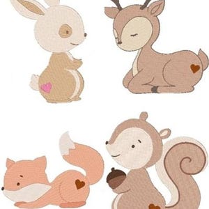 May include: Four embroidered patches featuring woodland animals: a beige rabbit with a pink heart, a brown deer with a dark brown heart, a light orange fox with a dark brown heart, and a brown squirrel holding an acorn with a dark brown heart.