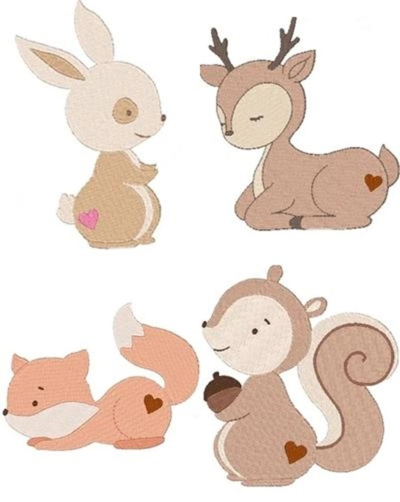 May include: Four embroidered patches featuring woodland animals: a beige rabbit with a pink heart, a brown deer with a dark brown heart, a light orange fox with a dark brown heart, and a brown squirrel holding an acorn with a dark brown heart.