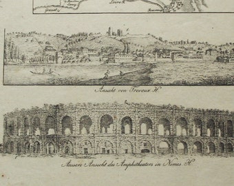 Antique French Town Panorama: Nîmes Arena, 19th Century Print