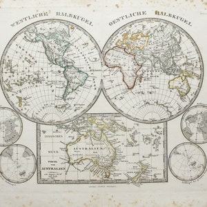 Seltene Weltkarte, östliche & westliche Hemisphären sowie AUSTRALIEN von 1848