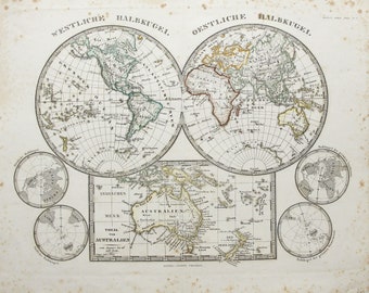 Rare World Map Eastern & Western Hemispheres and AUSTRALIA 1848