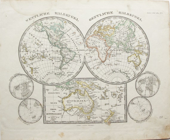 珍しい世界地図 東半球と西半球とオーストラリア 1848 - Etsy 日本