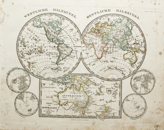 Rare World Map Eastern & Western Hemispheres and AUSTRALIA 1848