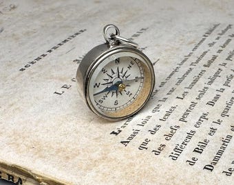 Antique Silver Compass Pendant, Half Orb Sphere Fob, English Cardinals