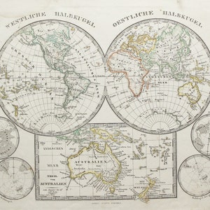 Seltene Weltkarte, östliche & westliche Hemisphären sowie AUSTRALIEN von 1848