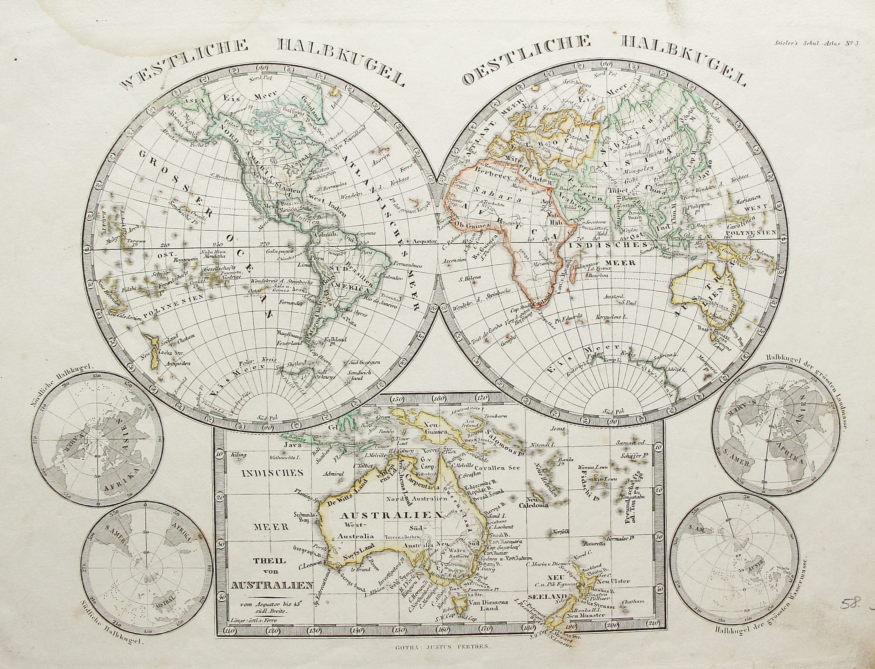 珍しい世界地図 東半球と西半球とオーストラリア 1848 - Etsy 日本