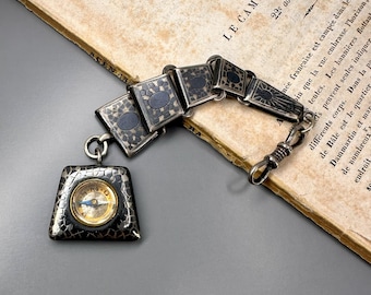 Chaîne de boussole antique, argent nielle allemand, pendentif boussole