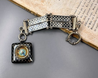 Antique Niello Silver Compass Chain, German Compass Charm