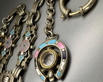 Antique Horseshoe Compass Fob, Enameled Pocket Watch Chain