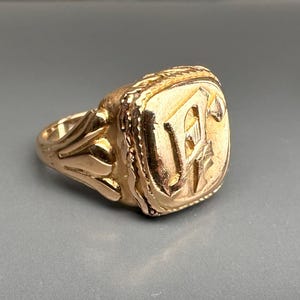 Antique Signet Ring with Initials 'PF', 14k Gold German Ring, US Size 8 1/4