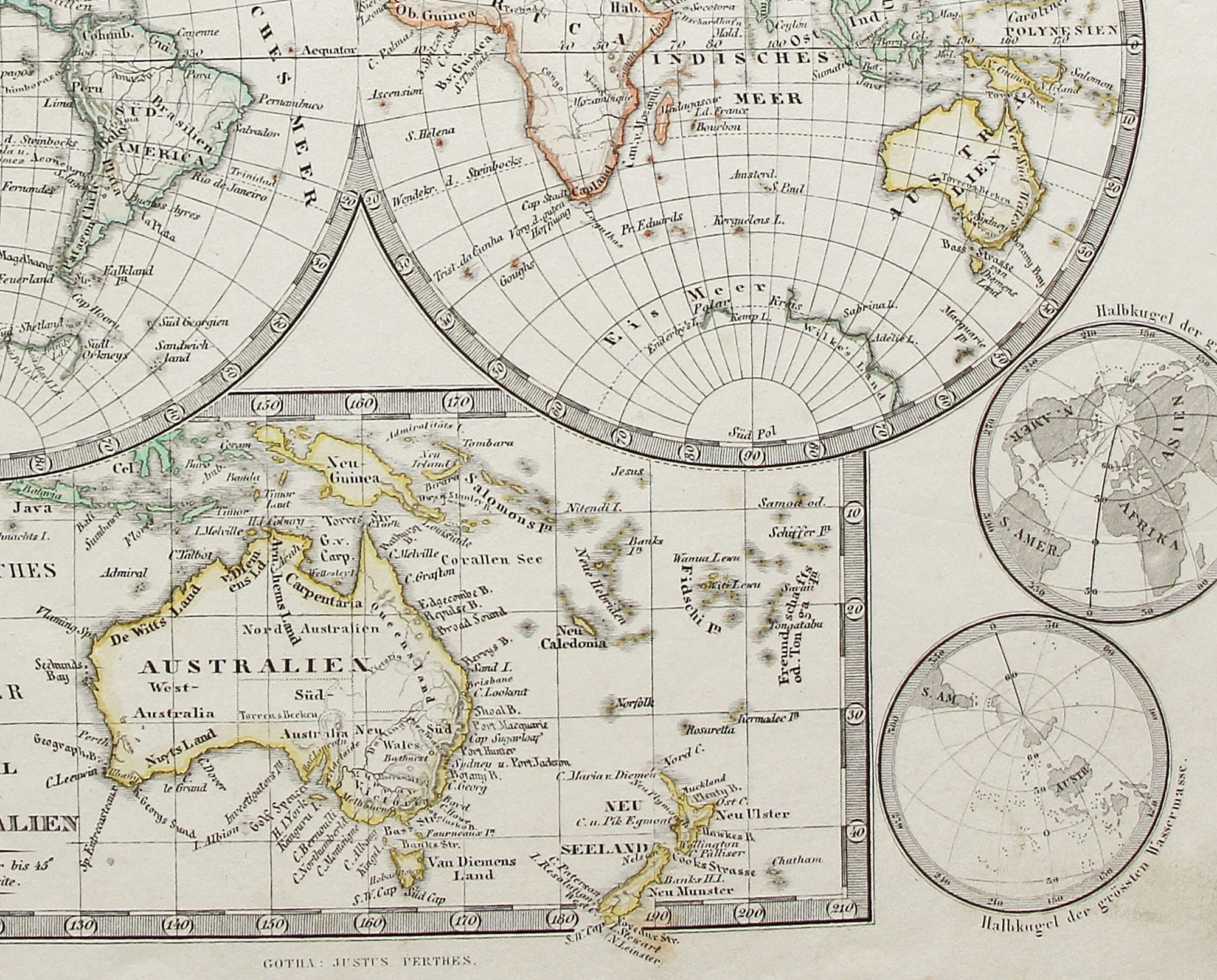 珍しい世界地図 東半球と西半球とオーストラリア 1848 - Etsy 日本