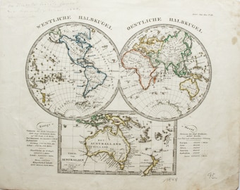 Rare World Map Eastern & Western Hemispheres and AUSTRALIA 1848